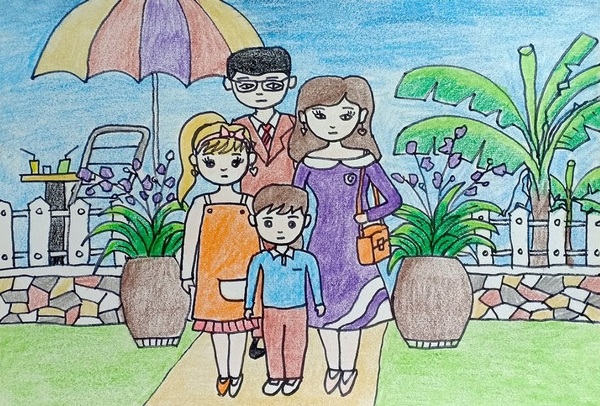 tranh vẽ gia đình 4 người đơn giản